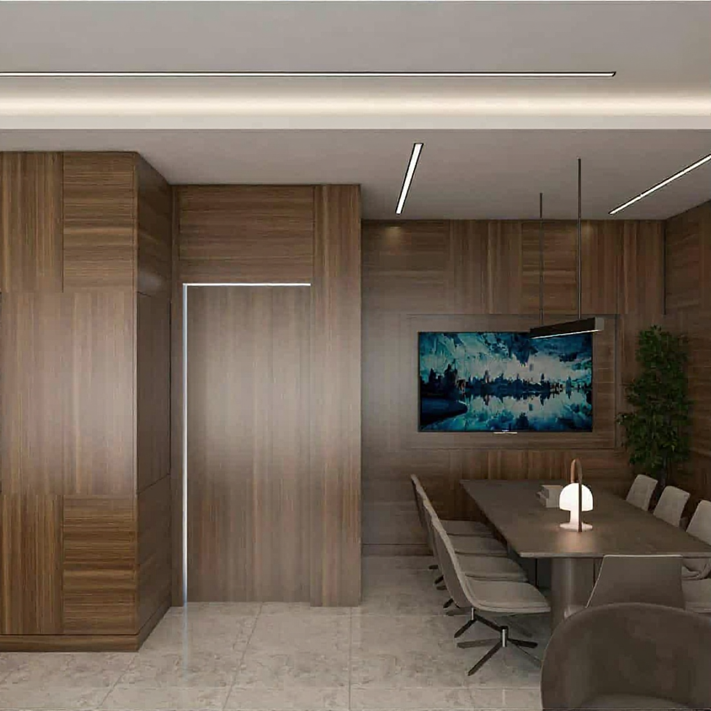 Modern dining area with sleek lighting