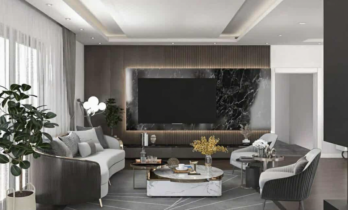 Luxurious living room with marble feature wall