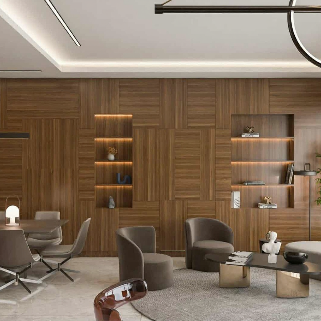 Executive office lounge with wood paneling