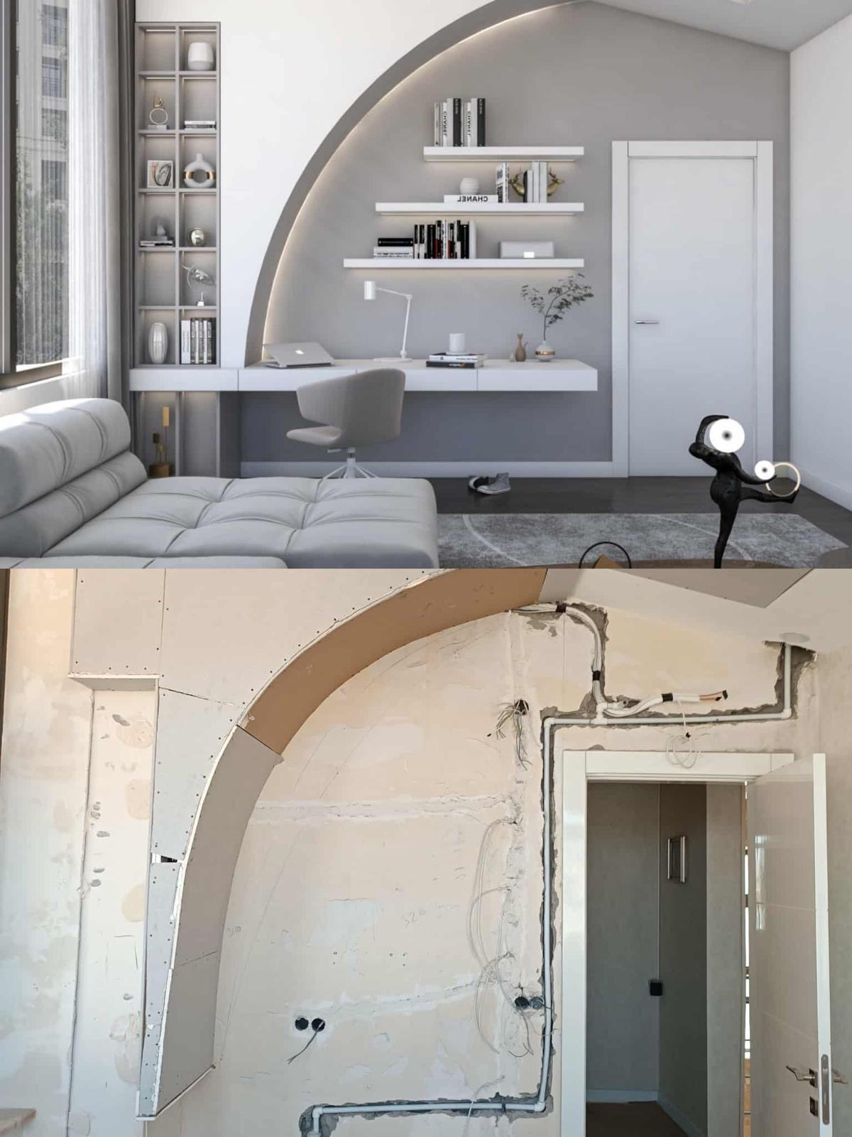 A workspace transformation, showing the construction phase and the final design